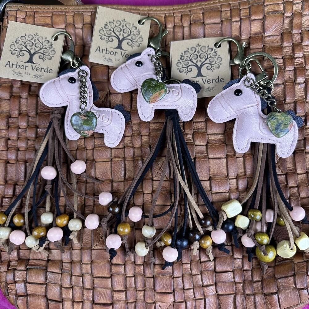 Bag charm Keychain Pink Pony Unakite stone Tassel beads Cowgirl horse western